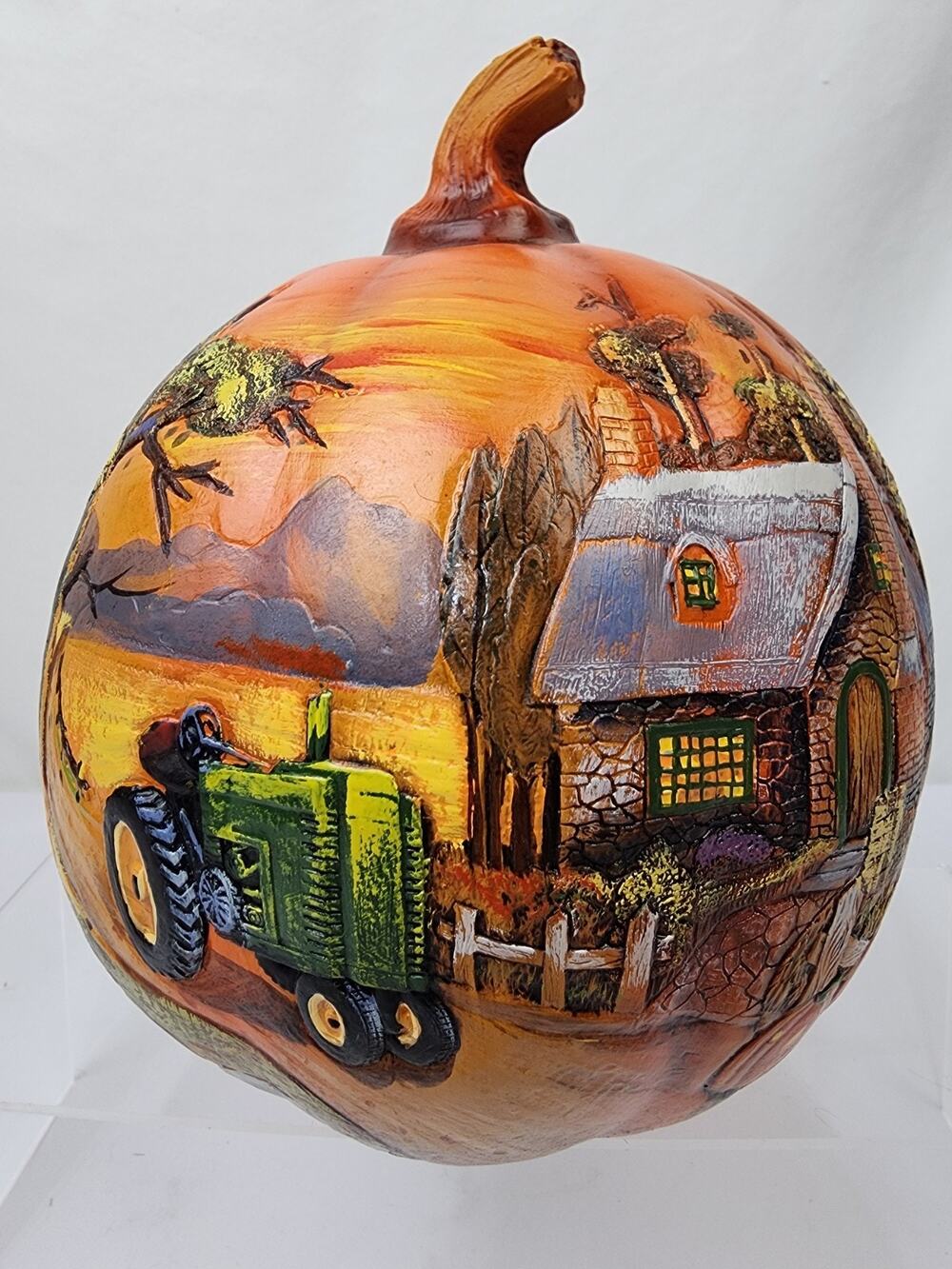 Hobby Lobby 2012 Textured Detailed Painted 9" Pumpkin Green Tractor Cabin EUC